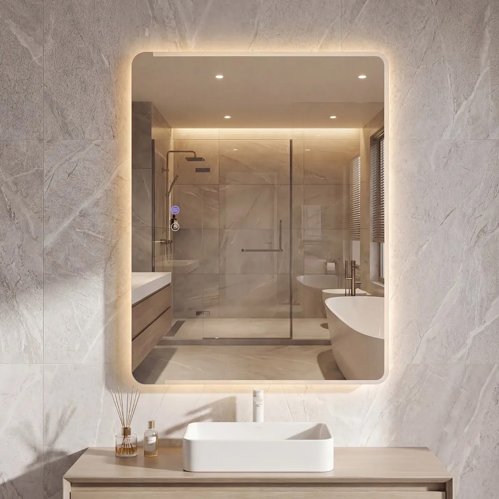 Espelho LED 80x60cm para casa de banho com luz antiembaciamento e 3 cores reguláveis prateado