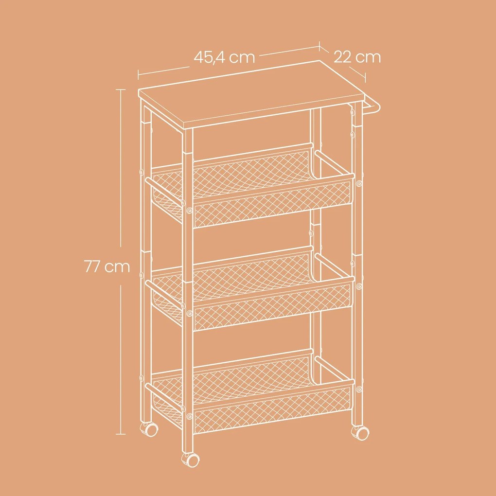 Carrinho cozinha 4 níveis estreito com rodas 22 x 45,4 x 77 cm castanho Vintage + preto