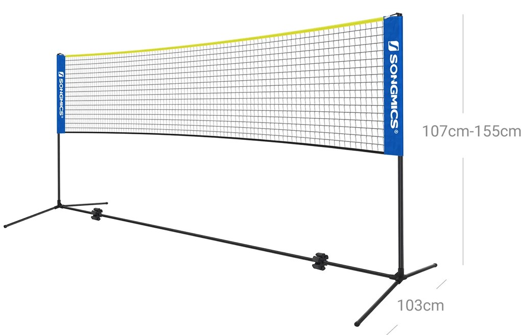 Rede de badminton regulável em altura 500 x 103 x 155 cm com saco de transporte azul-amarelo