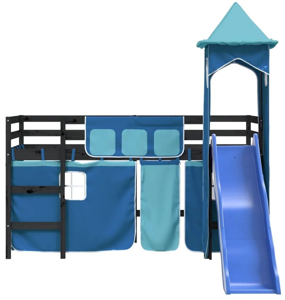 Cama alta p/ criança c/ torre 80x200 cm pinho maciço azul