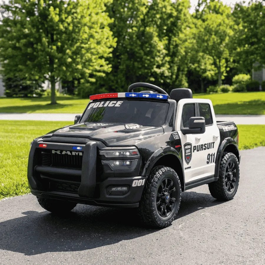 Carro Infantil bateria 12V Dodge RAM Policia, Pneus Borracha, Assento de couro Preto