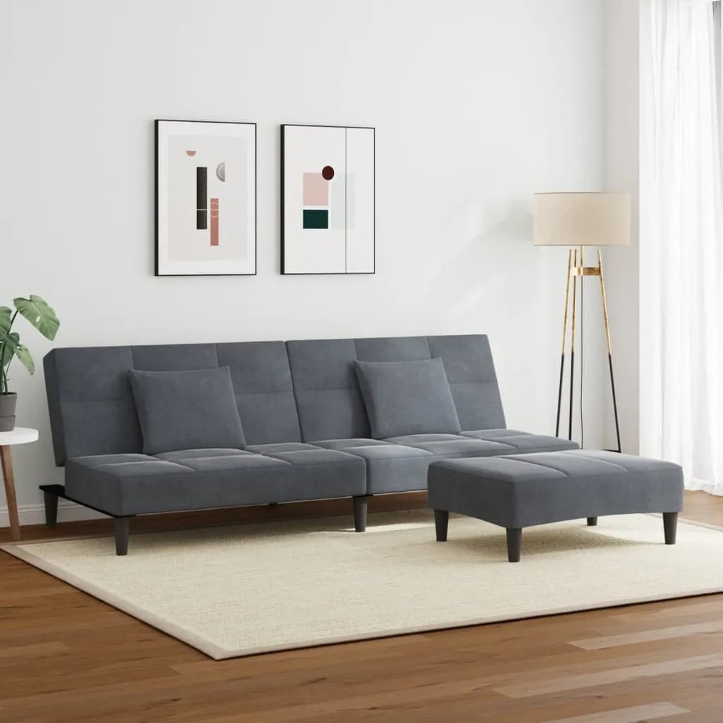 Sofá-cama 2 lugares c/ apoio de pés veludo cinzento-escuro