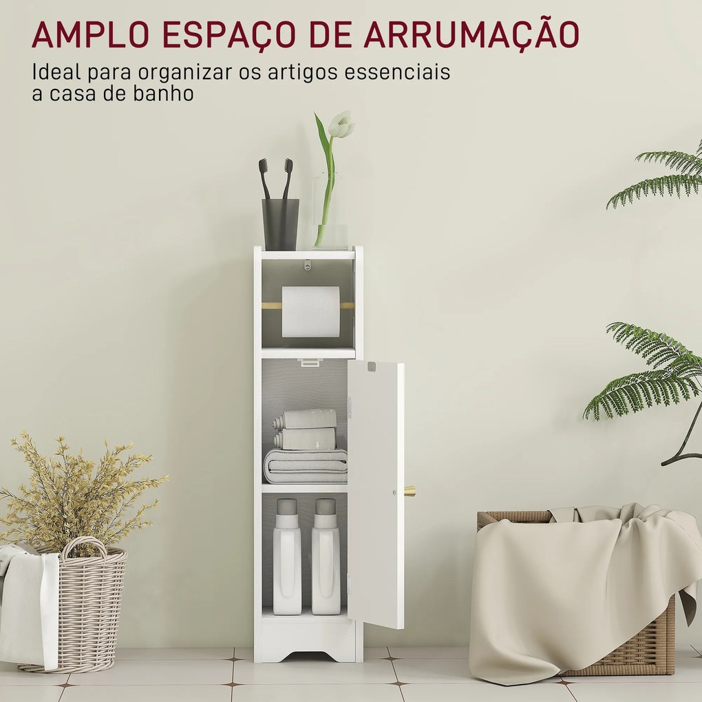 Armário de Casa de Banho Estreito Móvel Auxiliar de Casa de Banho 21x20x79 cm com Prateleira Ajustável Suporte para Papel Higiénico Branco