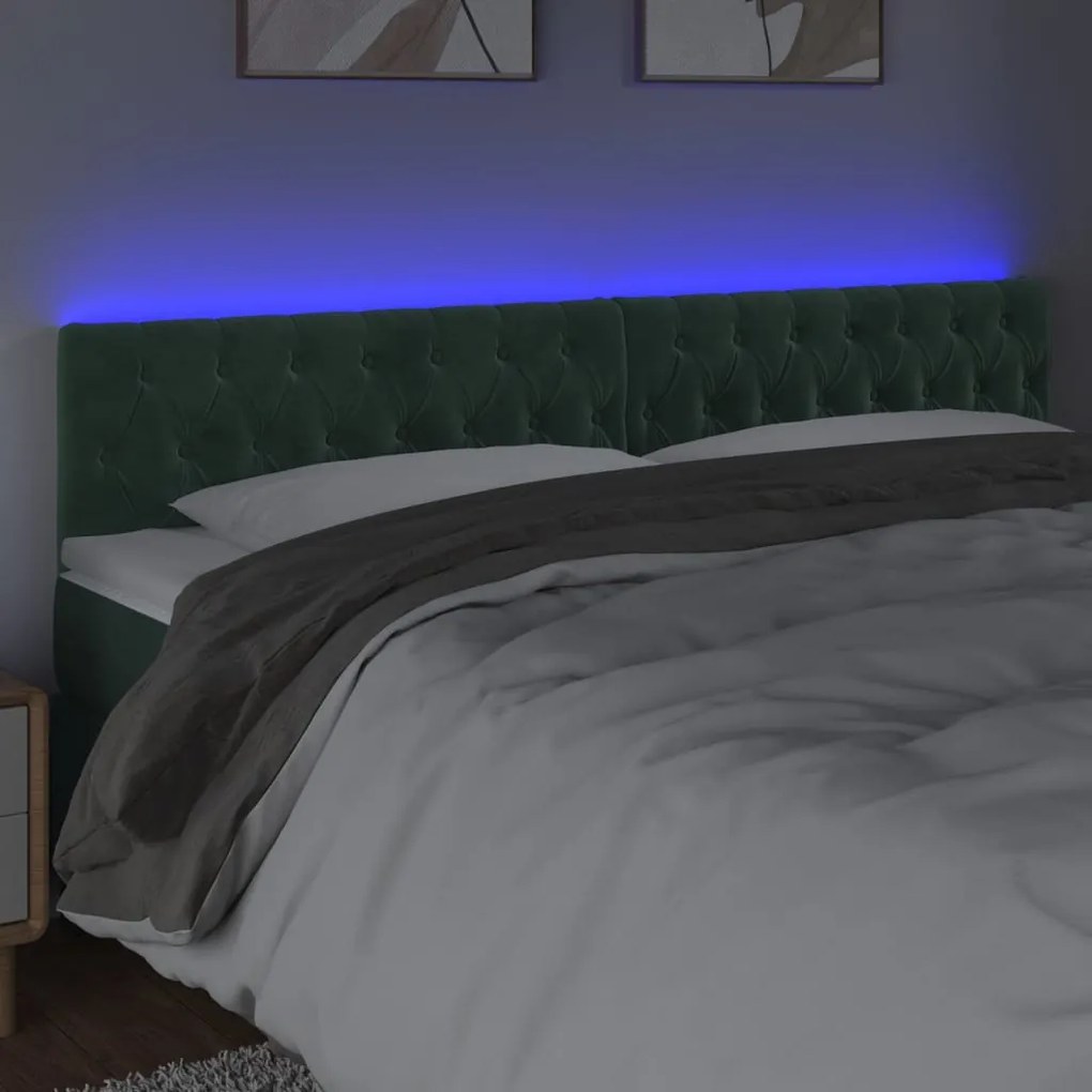 Cabeceira de cama c/luzes LED veludo 200x7x78/88cm verde-escuro