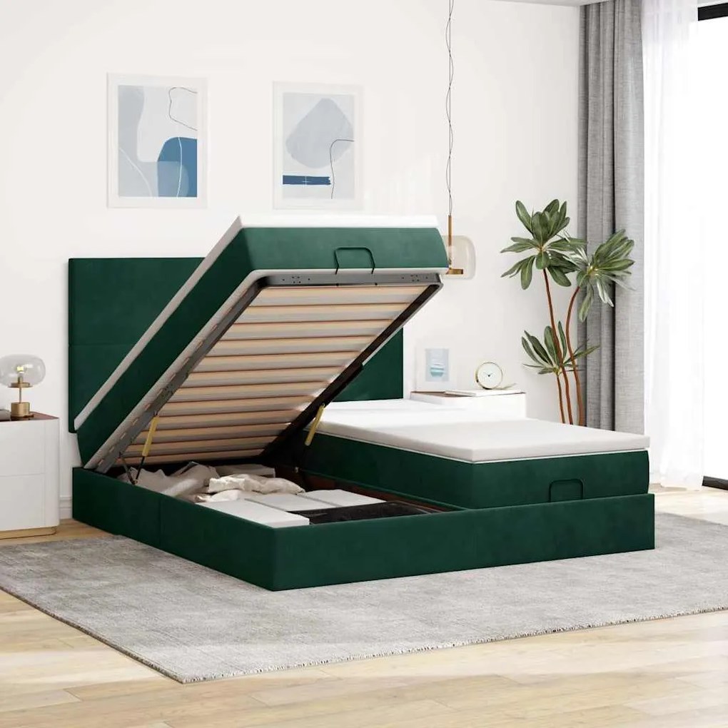 vidaXL Estrutura de cama otomana com colchão verde escuro veludo