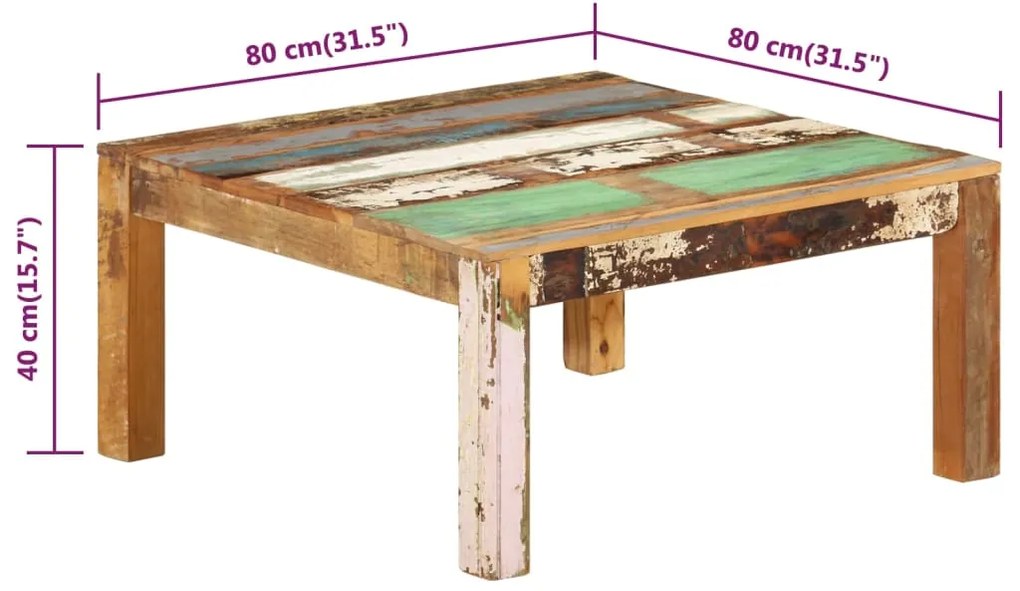 Mesa de centro 80x80x40 cm madeira recuperada maciça