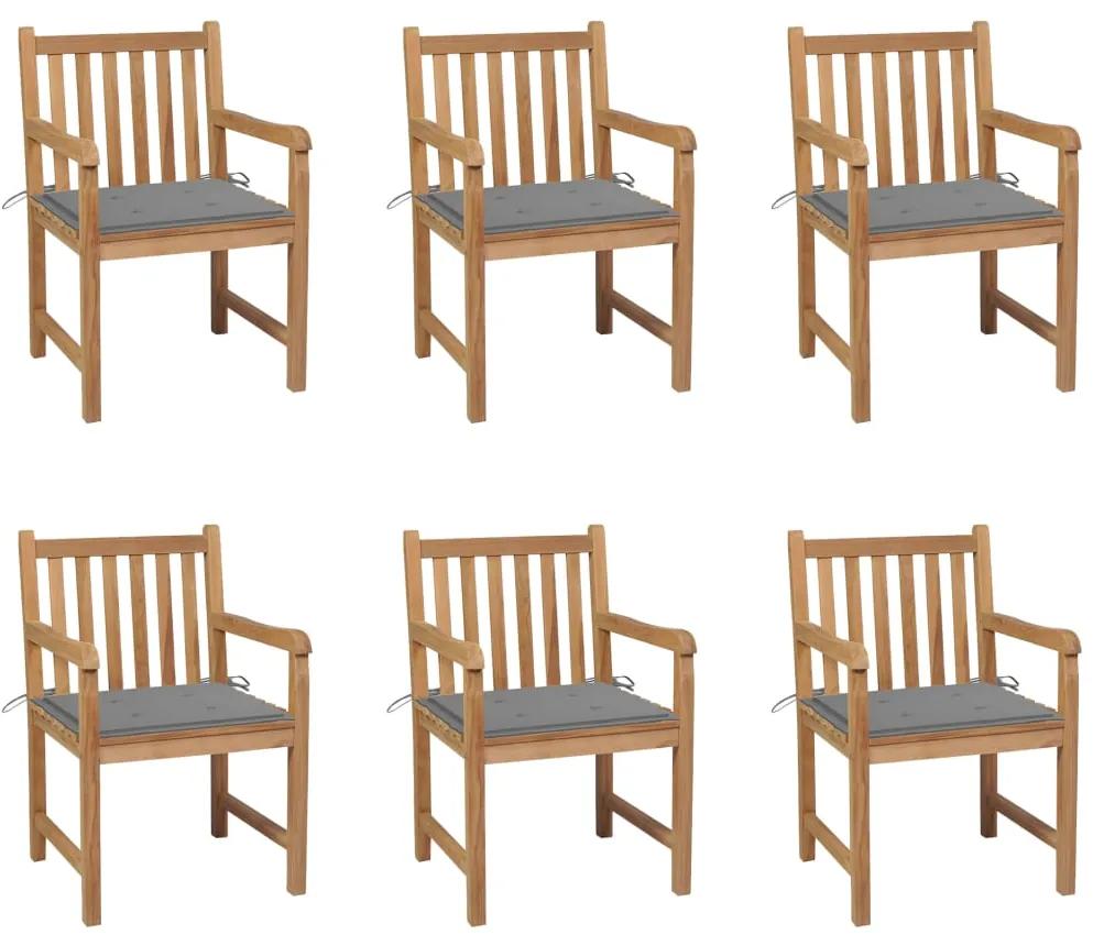 Cadeiras de jardim c/ almofadões cinzentos 6 pcs teca maciça
