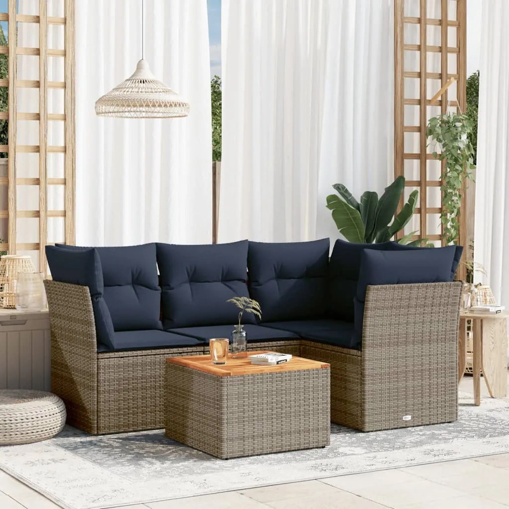 vidaXL 5 pcs conjunto sofás p/ jardim c/ almofadões vime PE cinzento