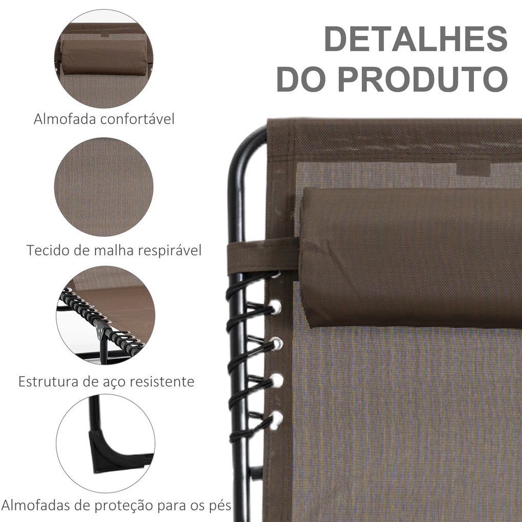 Espreguiçadeira Dobrável de Jardim com Encosto Ajustável Apoio para Cabeça Acolchoado Bolso Lateral 185x58x30 cm Castanho