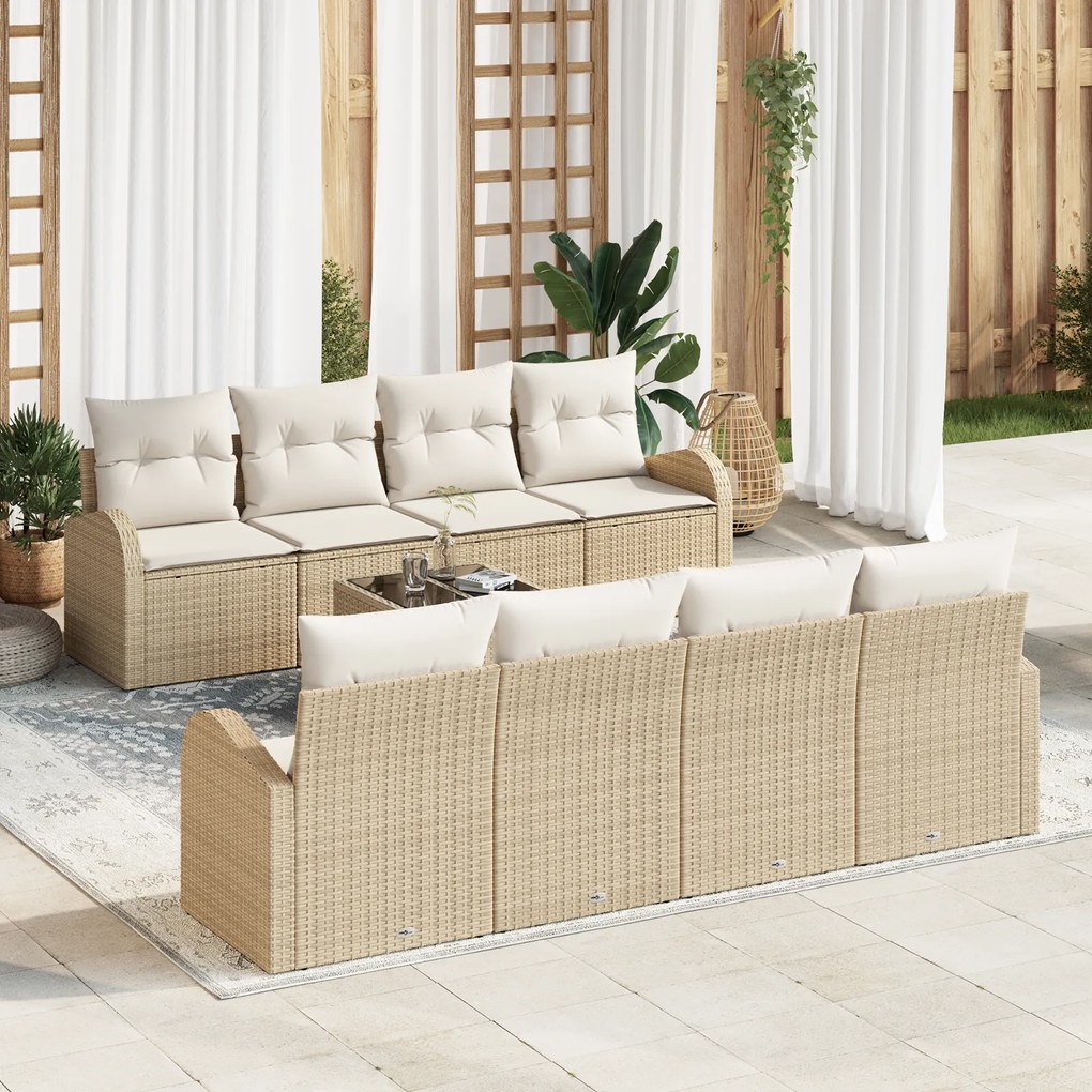 Conjunto de Sofá de Jardim com 9 Peças e Almofadas Bege de Rattan Poli