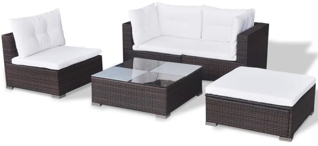 5 pcs conjunto lounge jardim c/ almofadões vime PE castanho