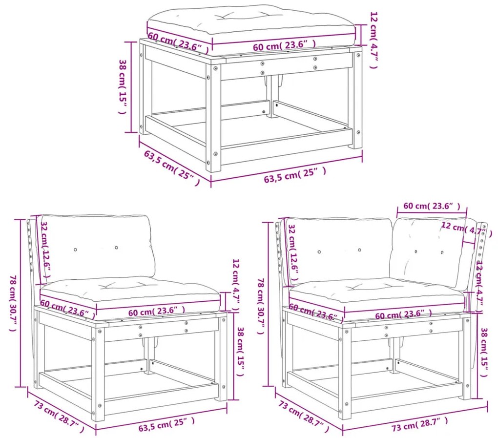 6 pcs conjunto de sofás de jardim c/ almofadões pinho maciço