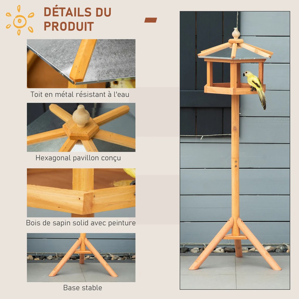 Comedouro para pássaros selvagens com suporte, ninho e bandeja - Estação para pássaros - Abrigo para pássaros em madeira para exterior - 113 cm