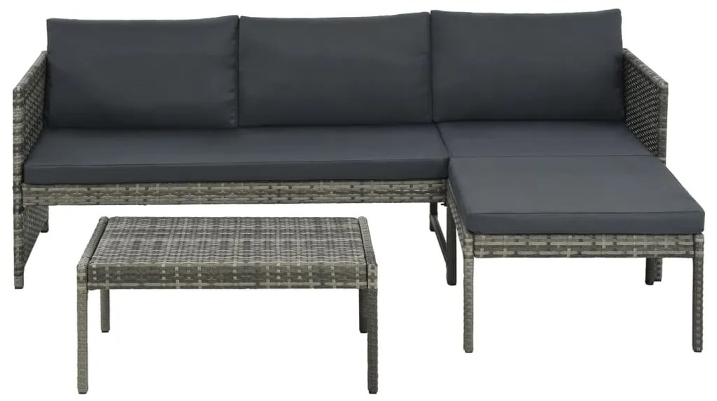 3 pcs conjunto lounge de jardim c/ almofadões vime PE cinzento