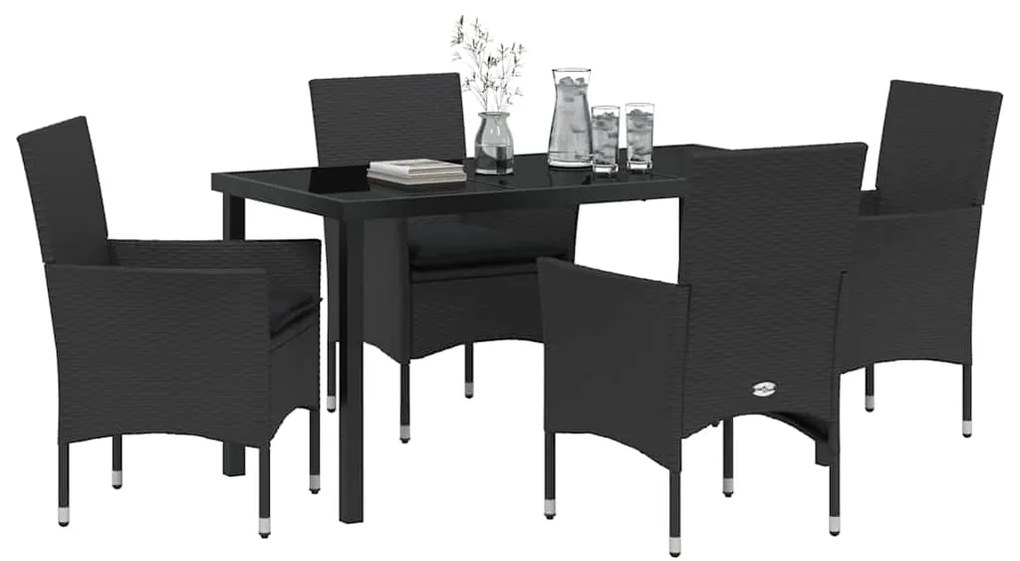 Conjunto de Jantar de Jardim de 5 Peças com Almofadas Pretas em Rattan