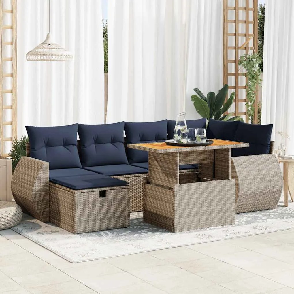 7 pcs conj. sofás jardim c/ almofadões vime PE/acácia castanho