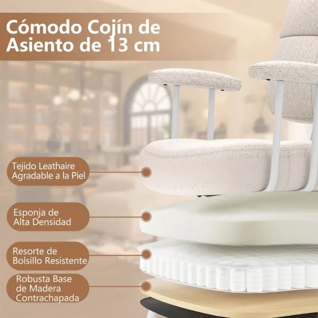 Cadeira de escritorio giratória ajustável estofada em chenille com encosto acolchoado e apoios de braços bege