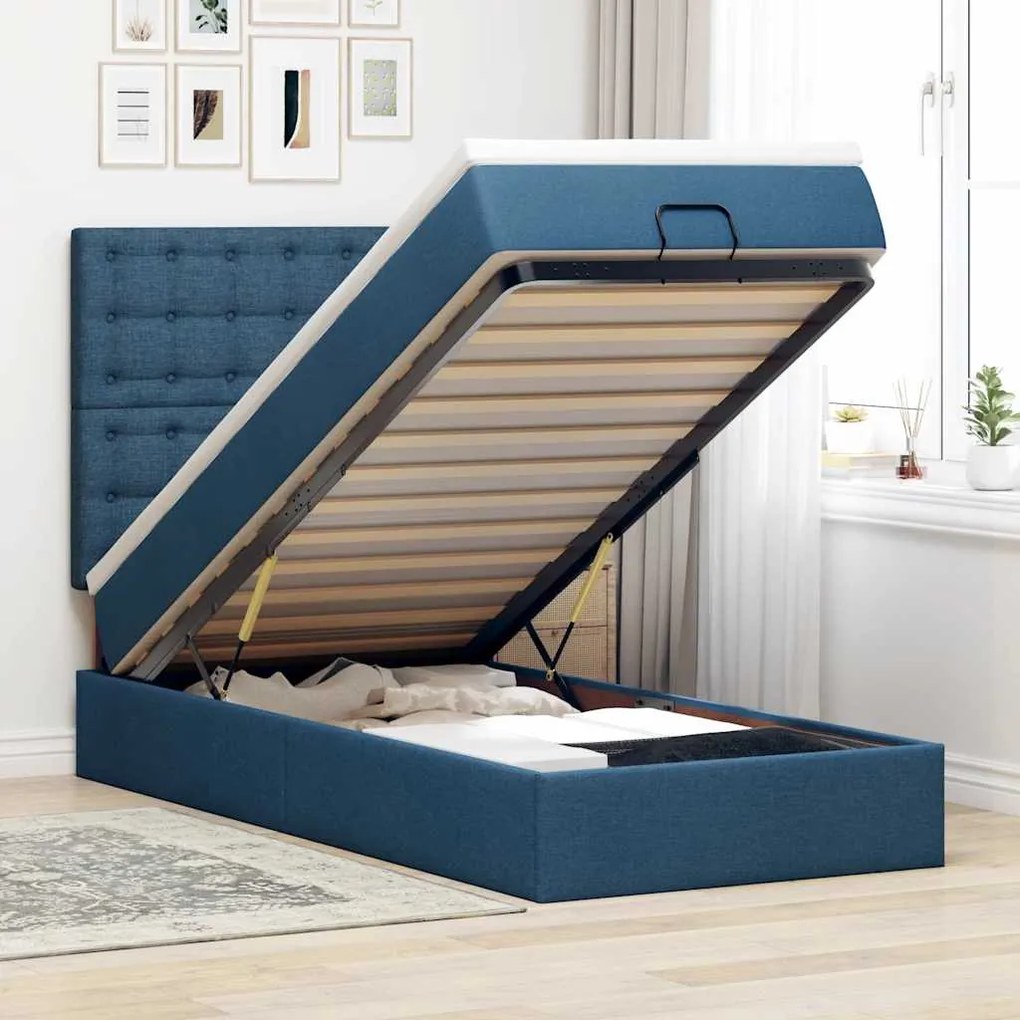 vidaXL Cama otomana com colchão 90x200 cm tecido azul