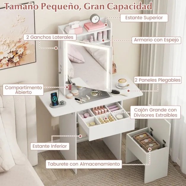 Toucador com espelho e luzes Penteadeira compacta para maquilhagem com tampa de vidro visível Tomadas Painéis dobráveis 3 modos Branco