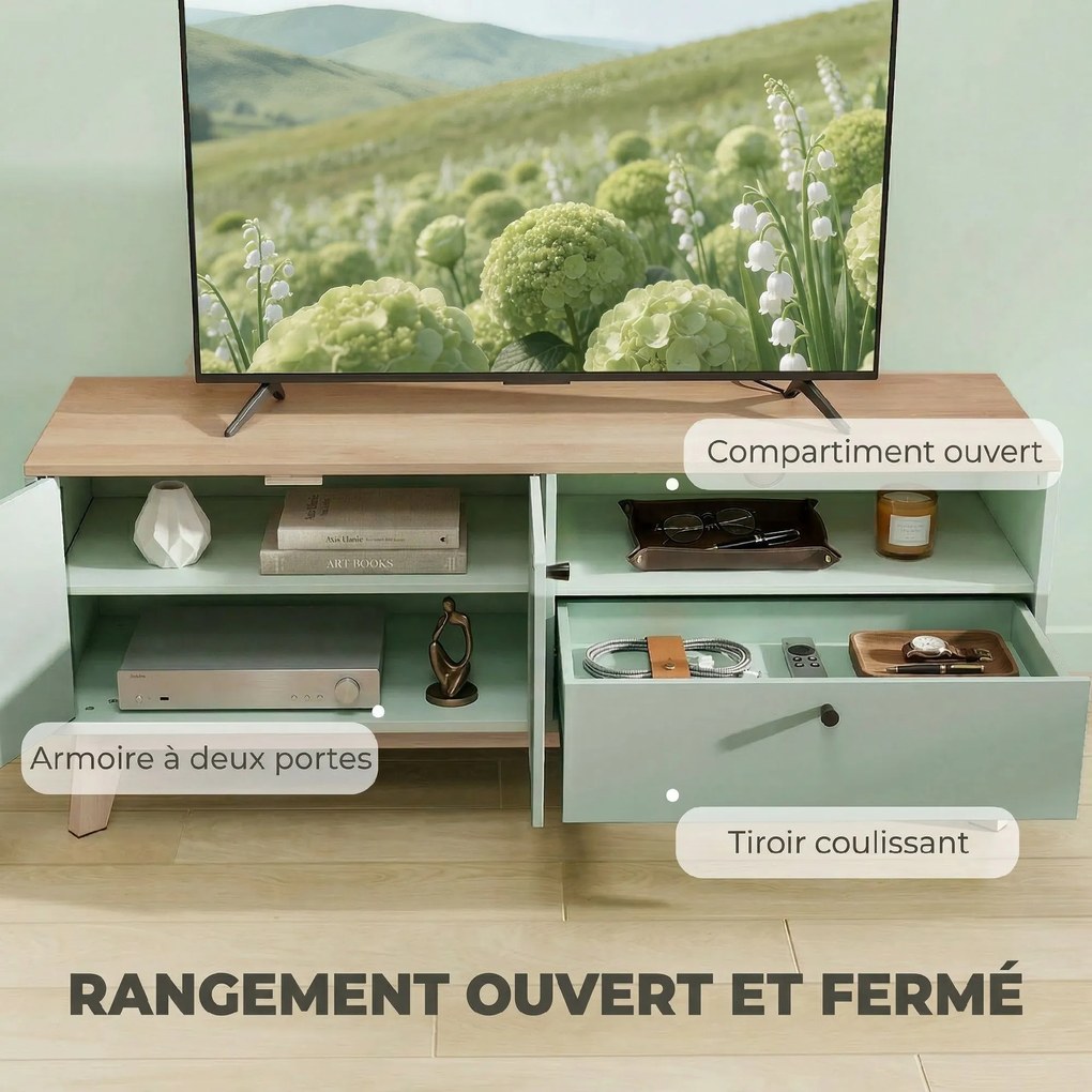 Móvel para televisão de 120 L x 35 P x 50 A cm, adequado para televisores até 36 polegadas, com 2 portas, uma gaveta e um compartimento aberto, verde