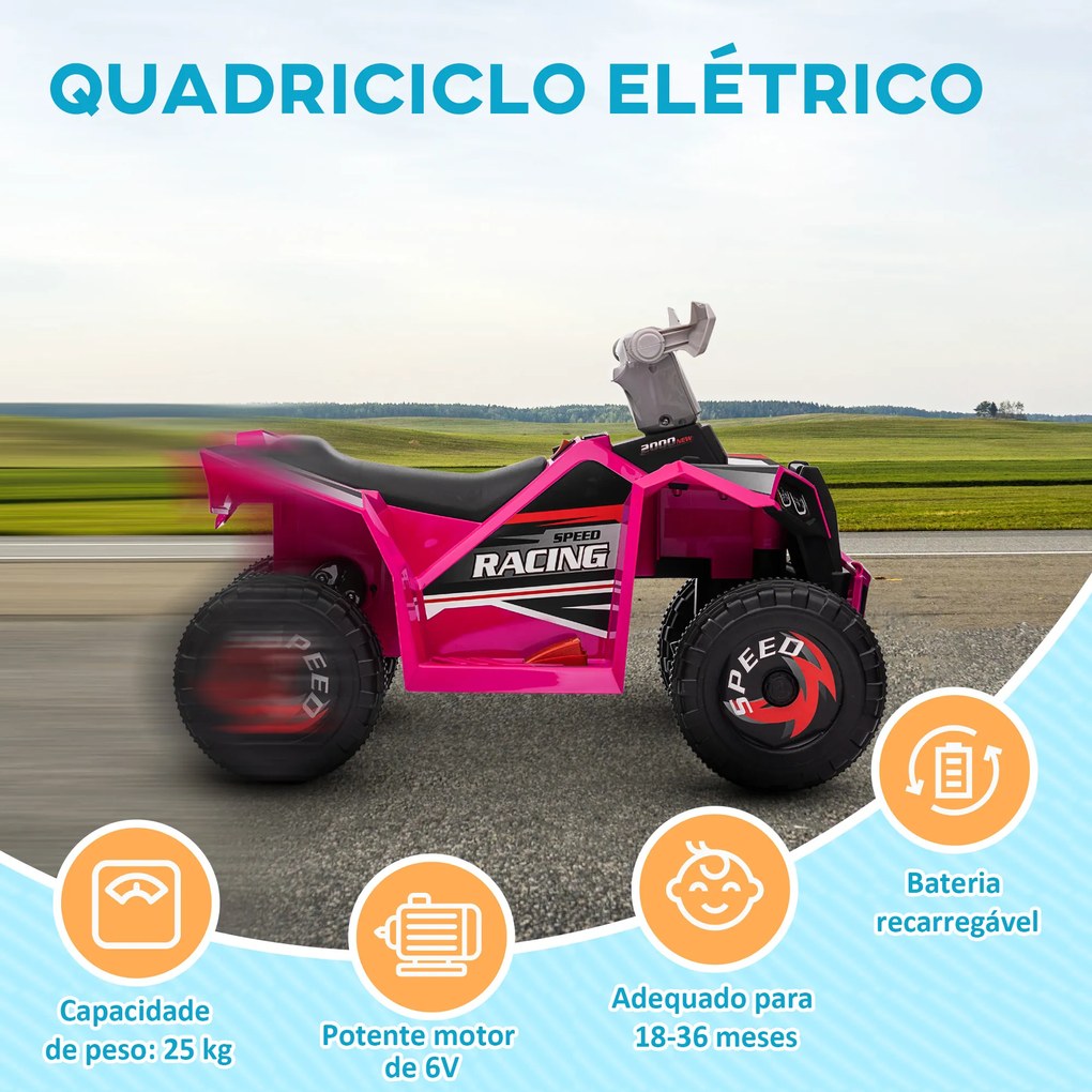 Moto 4 Elétrica para Crianças Veículo Elétrico a Bateria de 6V com Velocidade de 2,5 km/h 70x41,5x48,5 cm Rosa