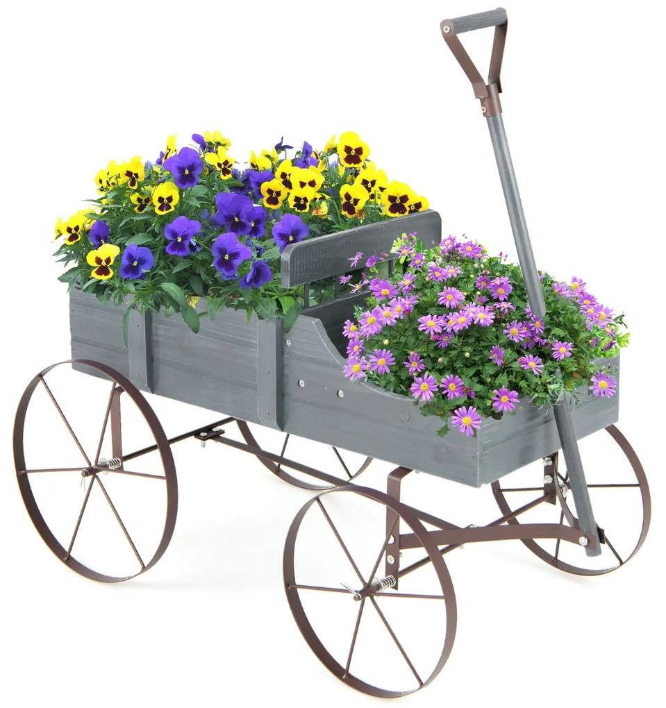 Carrinho floreira de madeira decorativo com rodas e 2 secções para plantas Jardim Pátio 62 x 34 x 60 cm Cinzento