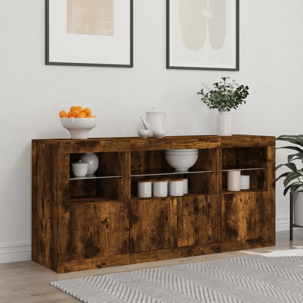Aparador com luzes LED 142,5x37x67 cm carvalho fumado