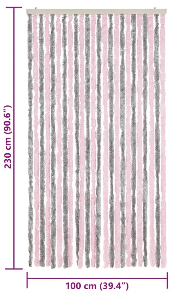 Cortina anti-insetos 100x230 cm chenille cinza-prateado e rosa