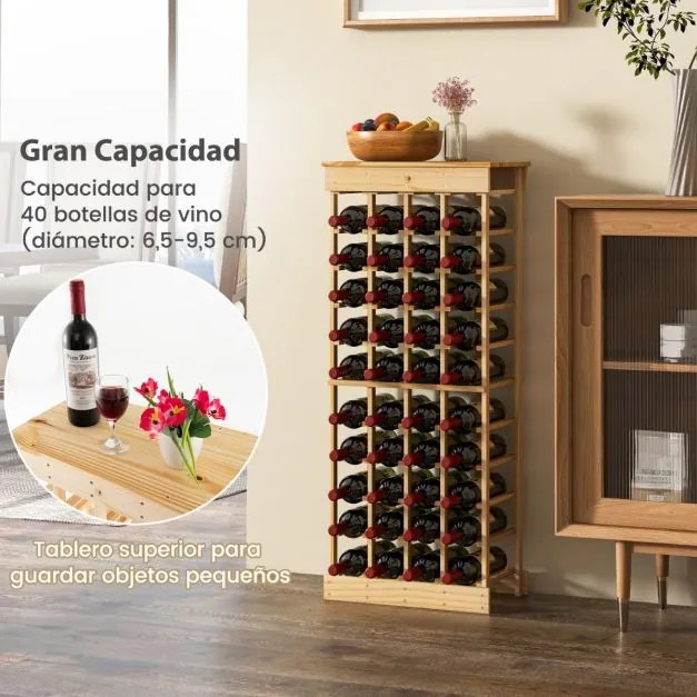 Garrafeira 10 níveis empilhável para 40 garrafas 750 ml Estante para vinhos em madeira de pinho 47 x 28 x 113 cm natural