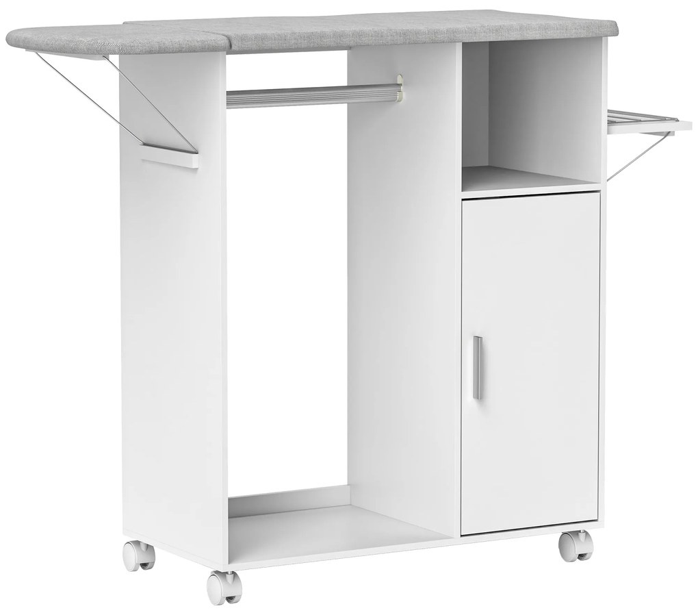 HOMCOM Móvel de Engomar de Madeira com Rodas Barra para Pendurar Roupa Prateleira Aberta e Tábua Dobrável 107x42,5x99 cm Branco