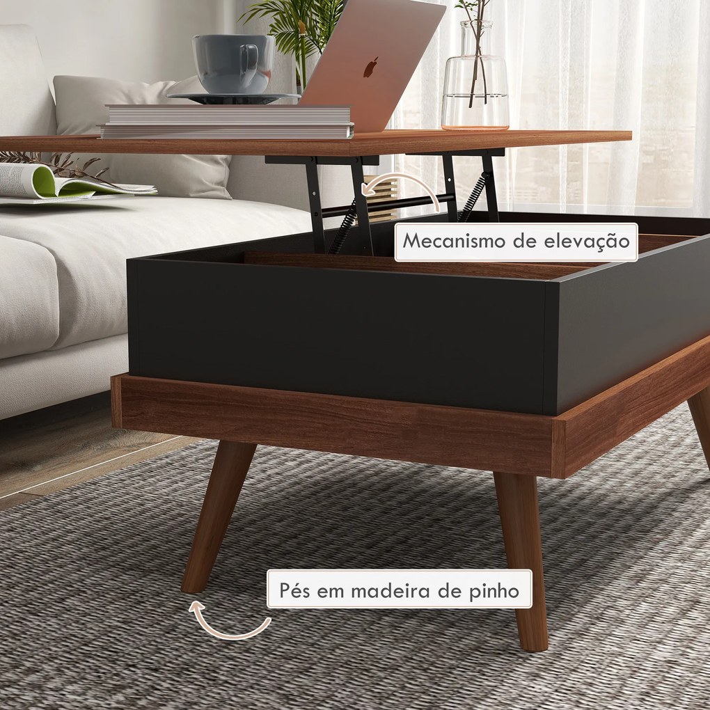 Mesa de Centro Elevatória com 3 Compartimentos de Armazenamento Ocultos e Pés de Madeira 100x79x54 cm Castanha e Preto