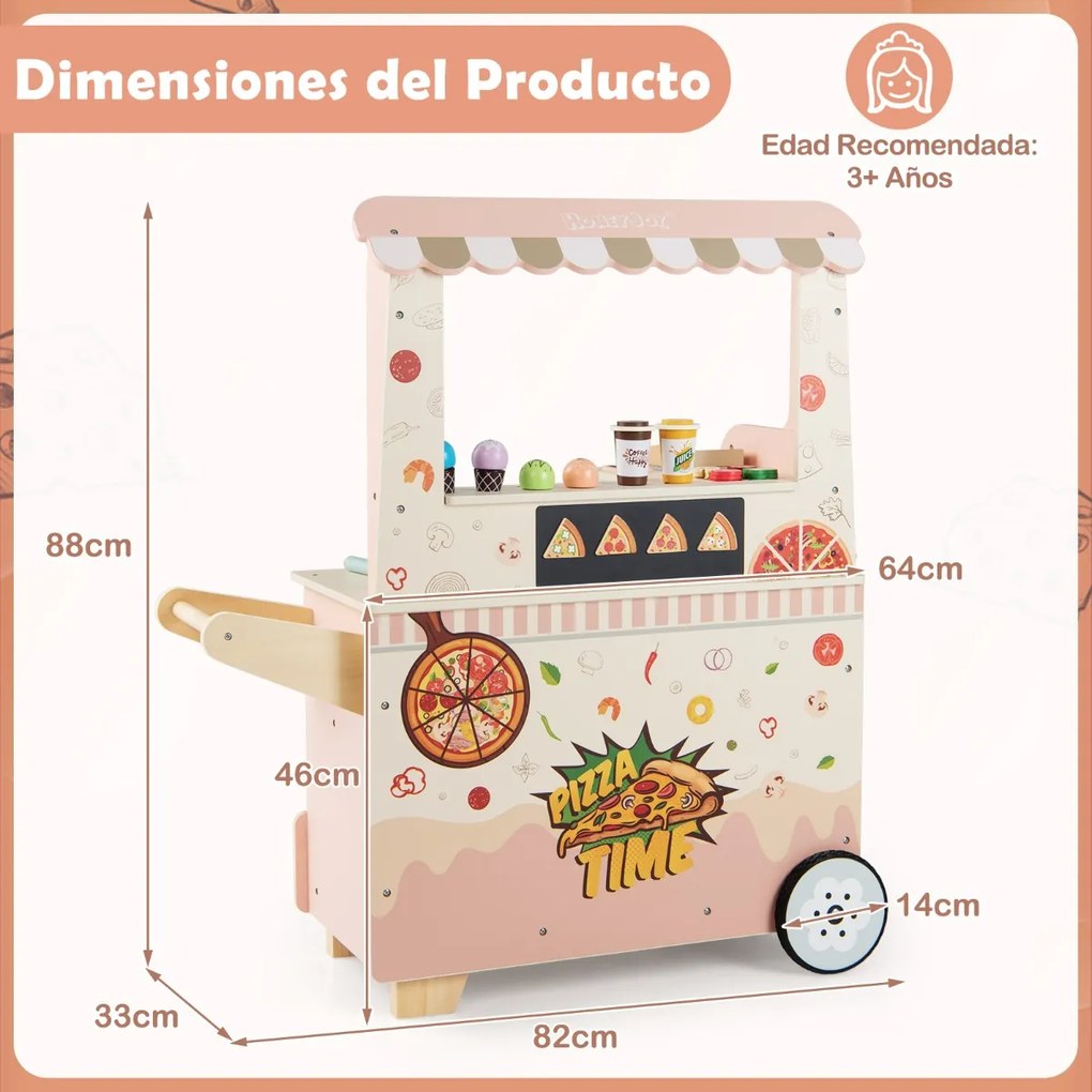 Carrinho de comida infantil em madeira 82 x 33 x 88 cm com forno, quadro magnético, gelataria, máquina de pagamento, tenda móvel com rodas, 3+ anos, r