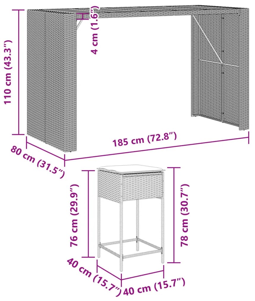9 pcs conjunto de bar para jardim c/ almofadões vime PE preto