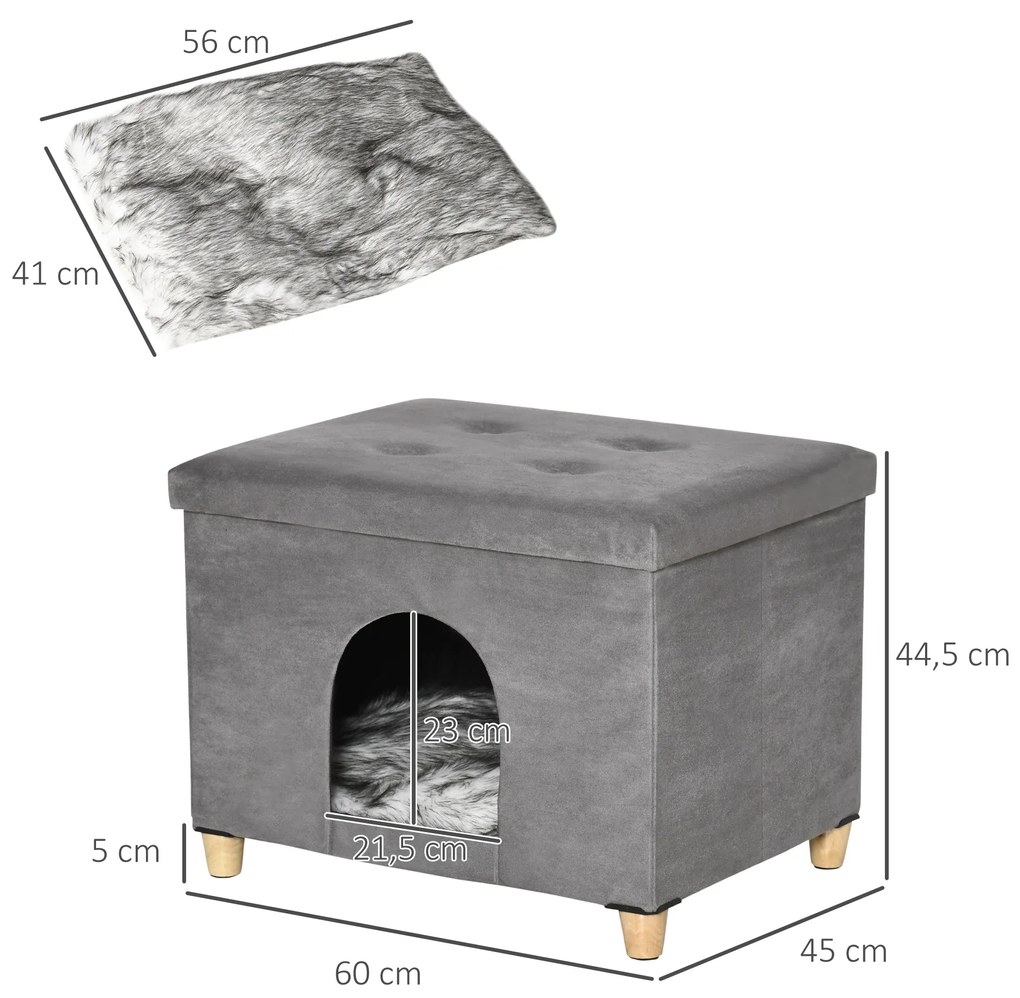 Caverna para Gatos Dobrável 2 em 1 Banco para Apoio dos Pés com Tampa Removível Orifício de Entrada Almofada Lavável e Pés Elevados de Madeira para Interior 60x45x44,5cm Cinza