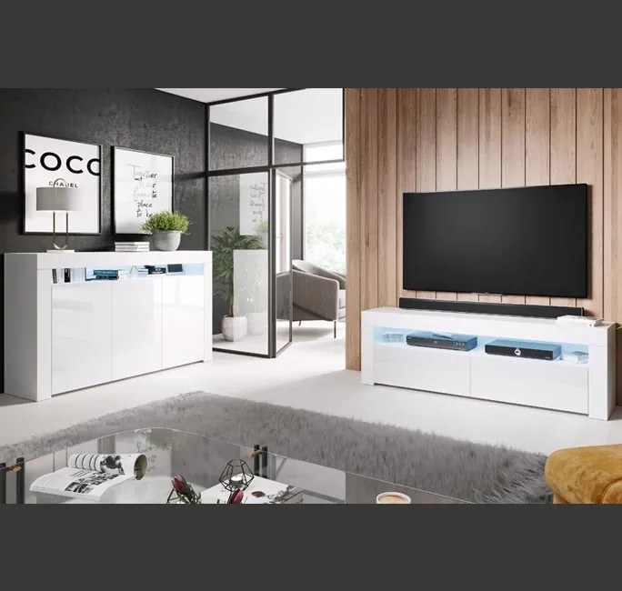Móvel TV Lamas – 140x50,5 cm – Branco Brilho com LED RGB – Design Mode