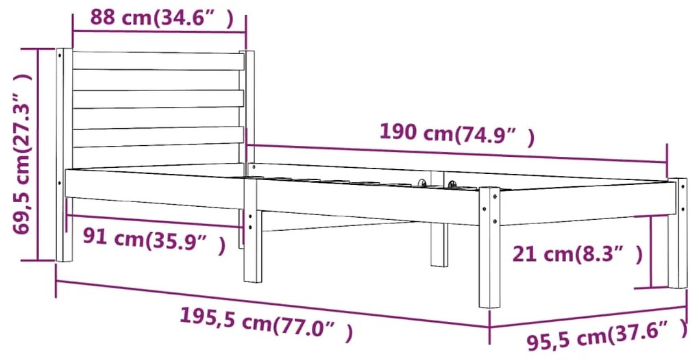 Estrutura de cama solteiro 90x190 cm pinho maciço branco