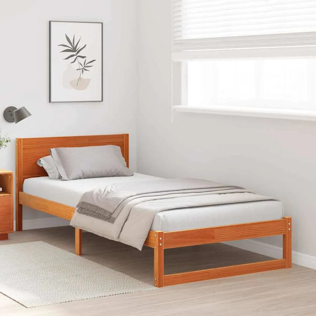 Estrutura de Cama Castanho Envernizado Madeira Sólida Solteiro