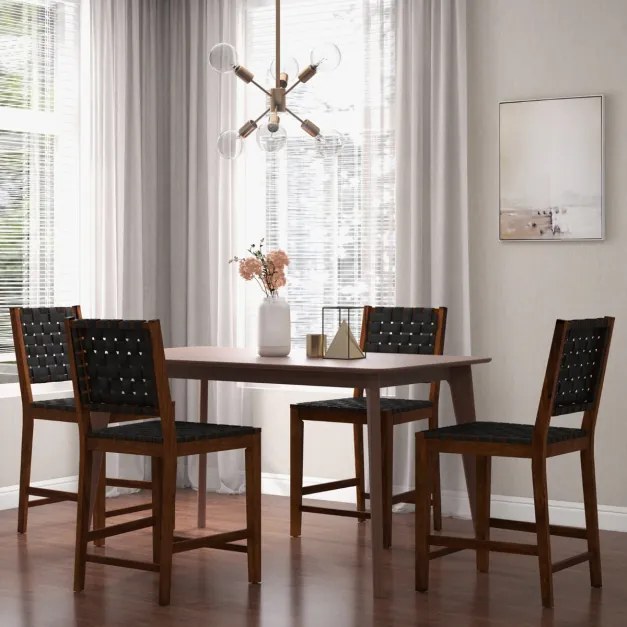 Conjunto de 2 bancos de bar de madeira com alças de couro PU e encosto confortável para cozinha, bar e restaurante 52 x 58,5 x 101 cm Castanho