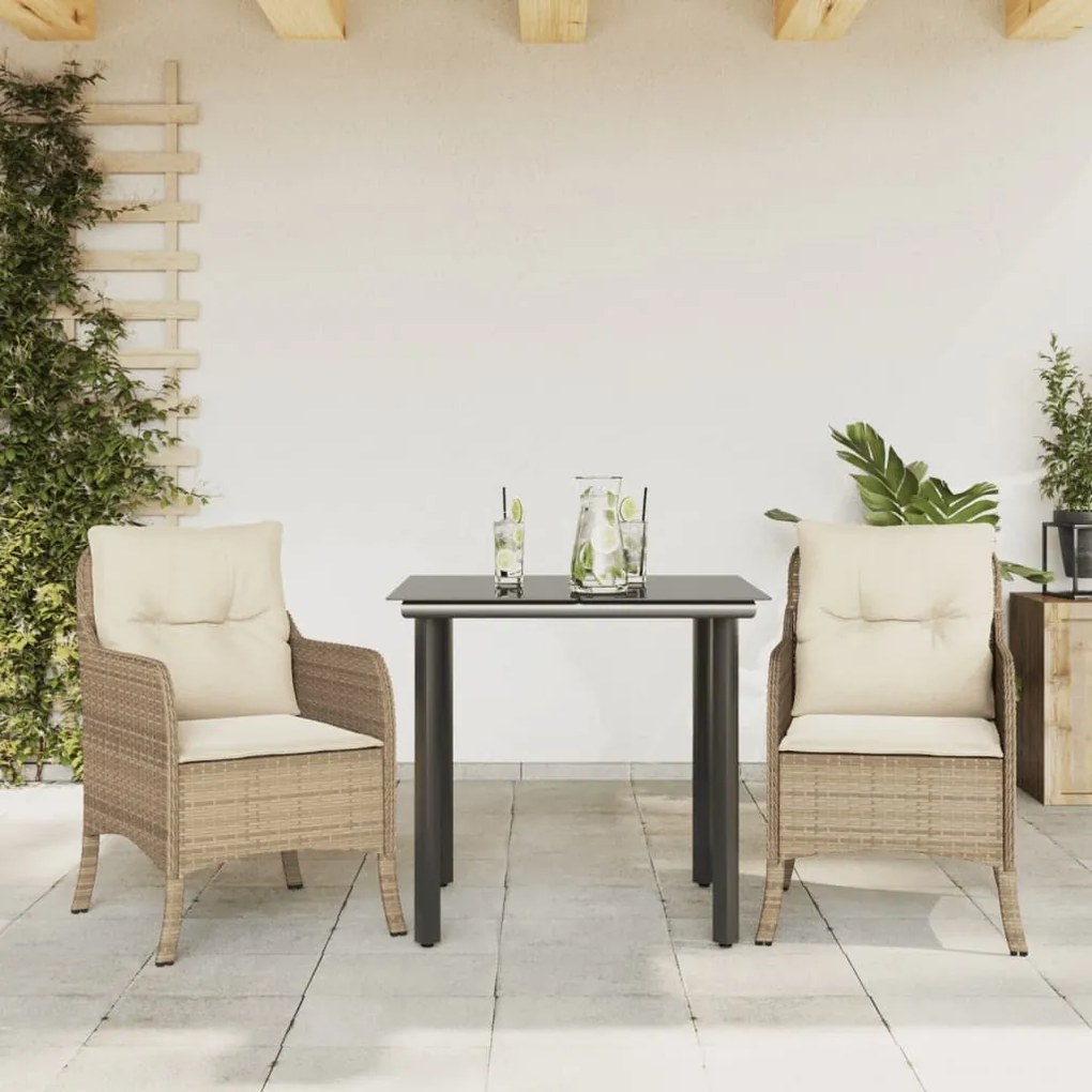 vidaXL 3 pcs conjunto de jantar p/ jardim com almofadões vime PE bege
