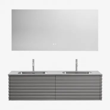 Conjunto De Móvel De Casa De Banho Suspenso Em Madeira Com Lavatórios Integrados Noura Cinza Níquel & Retangular Led E - Sklum