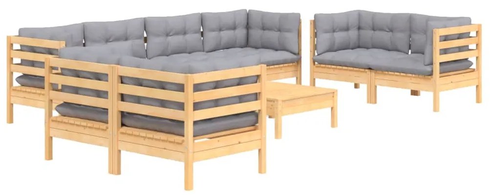 9 pcs conjunto lounge de jardim + almofadões cinza pinho maciço