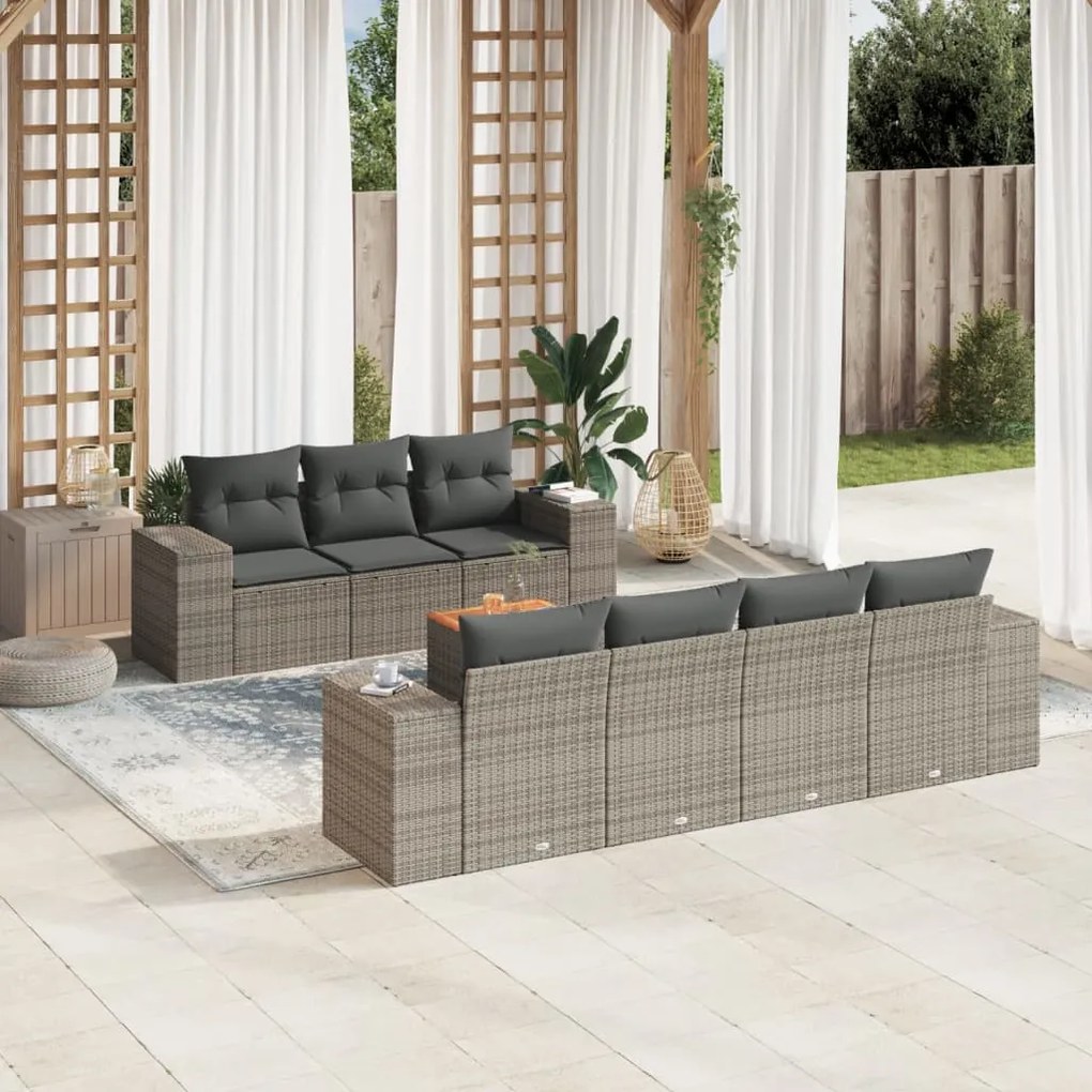 8 pcs conjunto sofás de jardim c/ almofadões vime PE cinzento