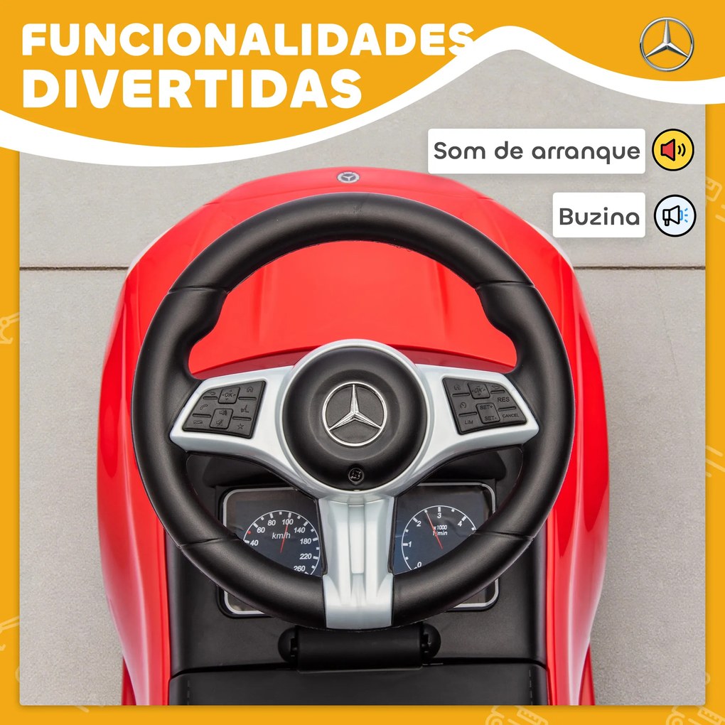 Carro Andador para Crianças Mercedes-Benz Classe C com Buzina Volante Sons de Motor e Espaço de Armazenamento 65x28x39 vermelho
