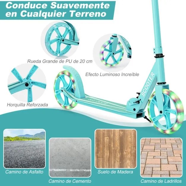 Trotinete crianças com plataforma de alumínio, guiador ajustável em 3 posições e alça Até 100 kg Verde