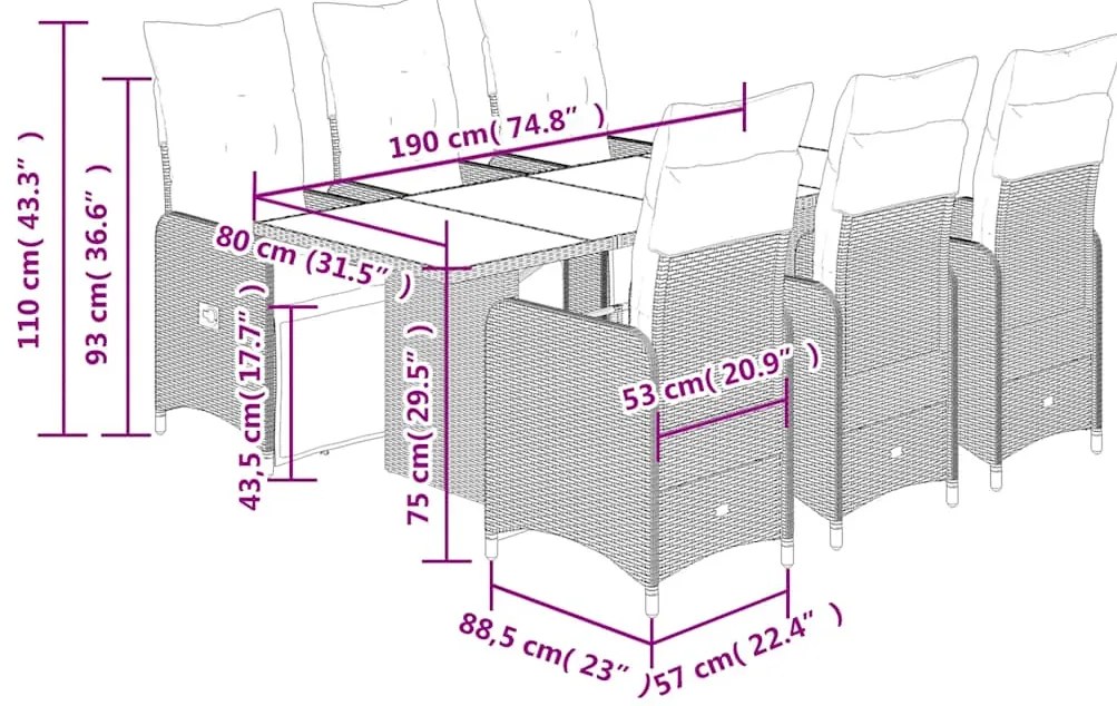 7 pcs conjunto bistrô de jardim c/ almofadões vime PE castanho