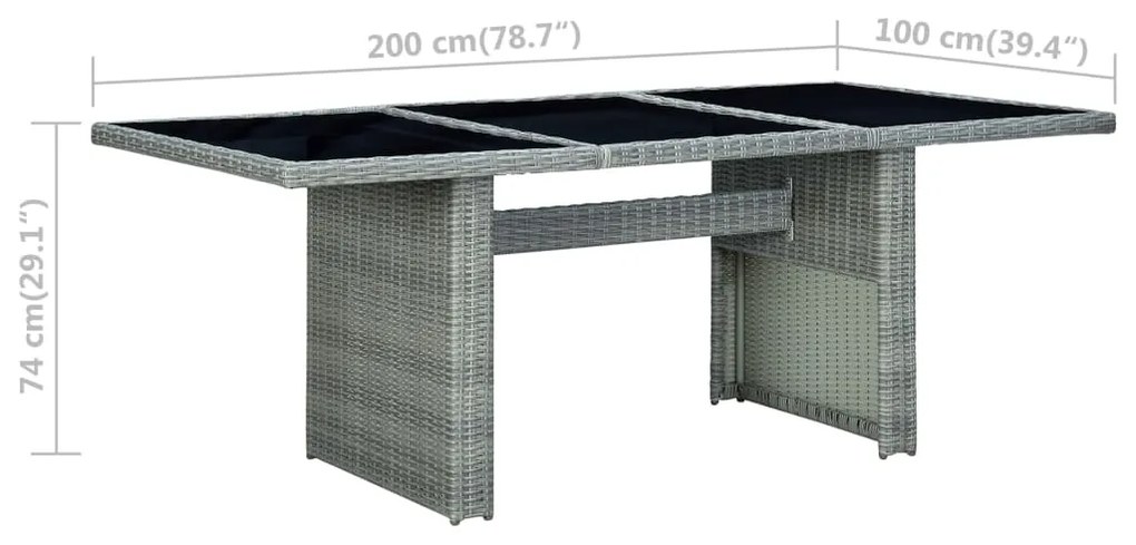 Mesa de jardim vime PE e vidro temperado cinzento-claro