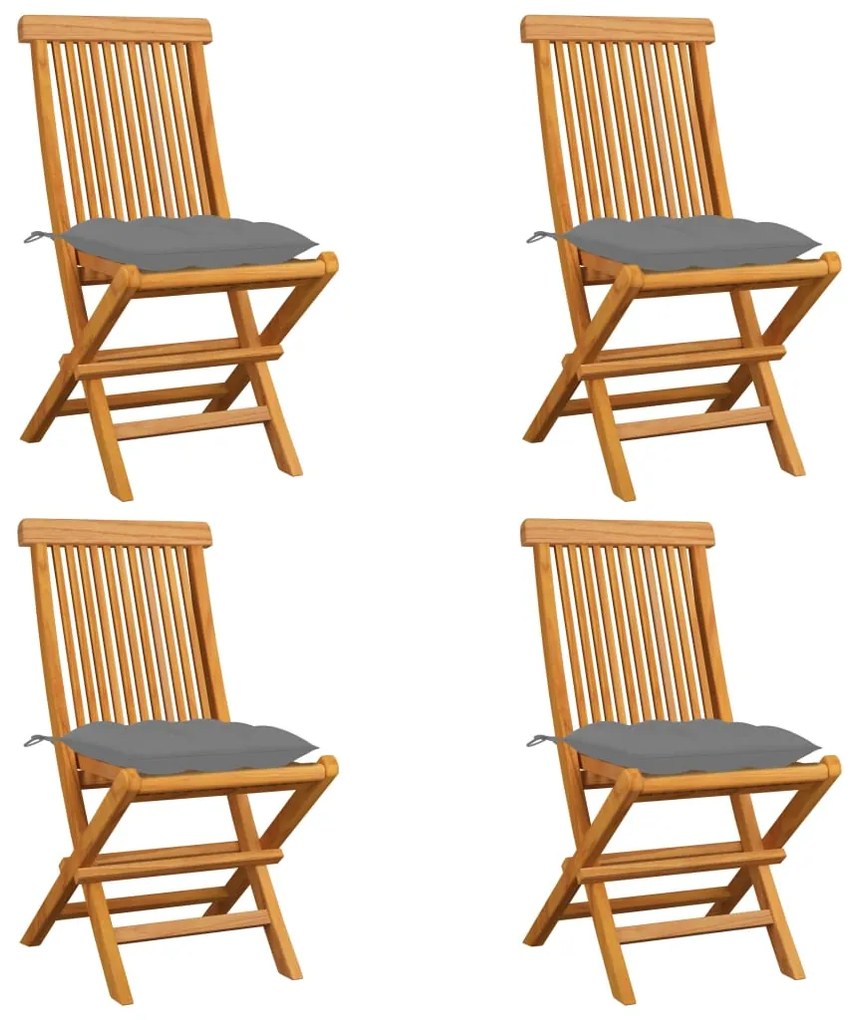 vidaXL Cadeiras de jardim c/ almofadões cinzentos 4 pcs teca maciça