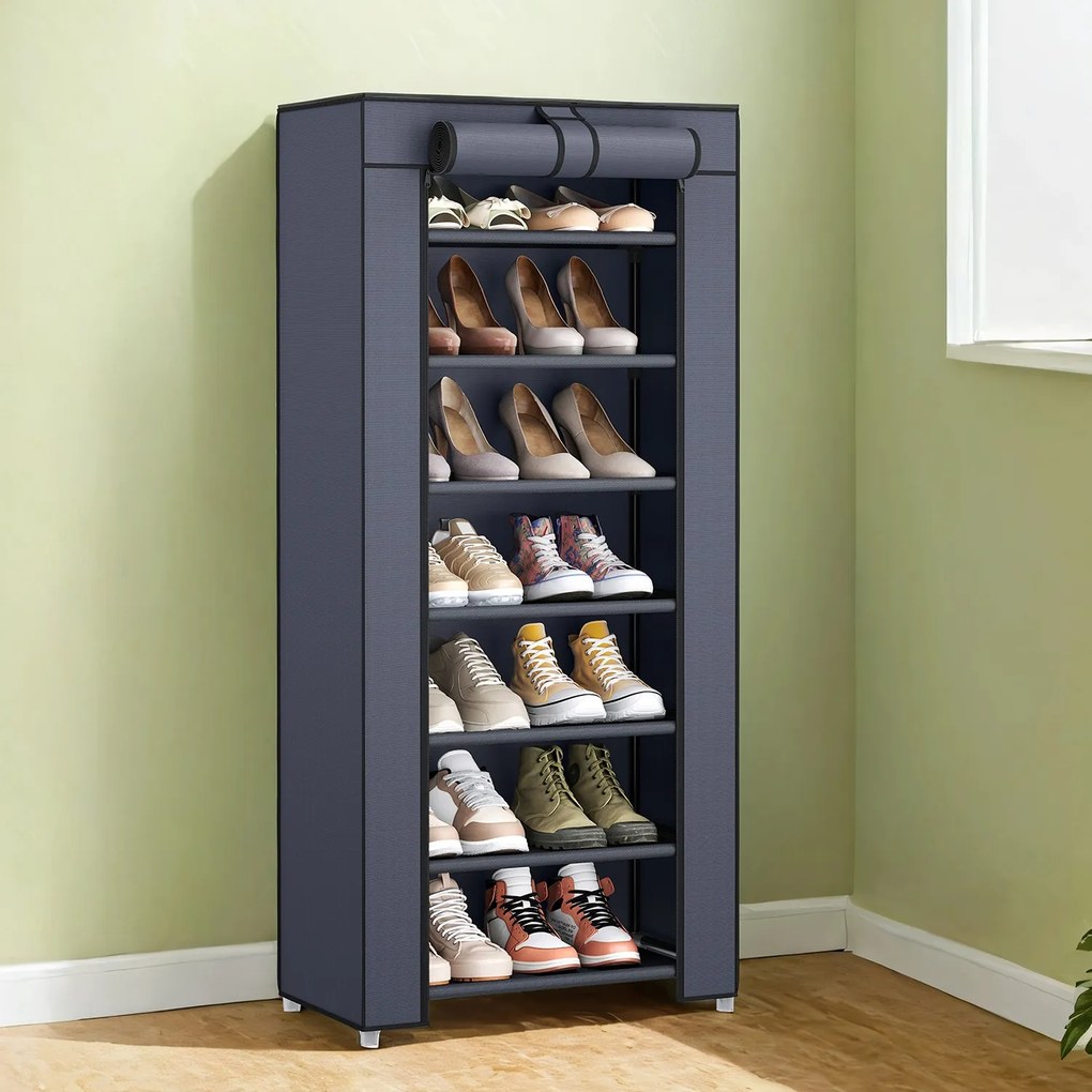 Sapateira com 7 prateleiras, com cobertura, armário para sapatos 28 x 46 x 126 cm cinzento