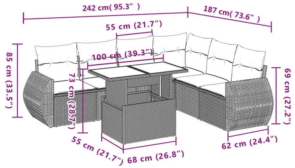 7 pcs conjunto de sofás jardim c/ almofadões vime PE castanho