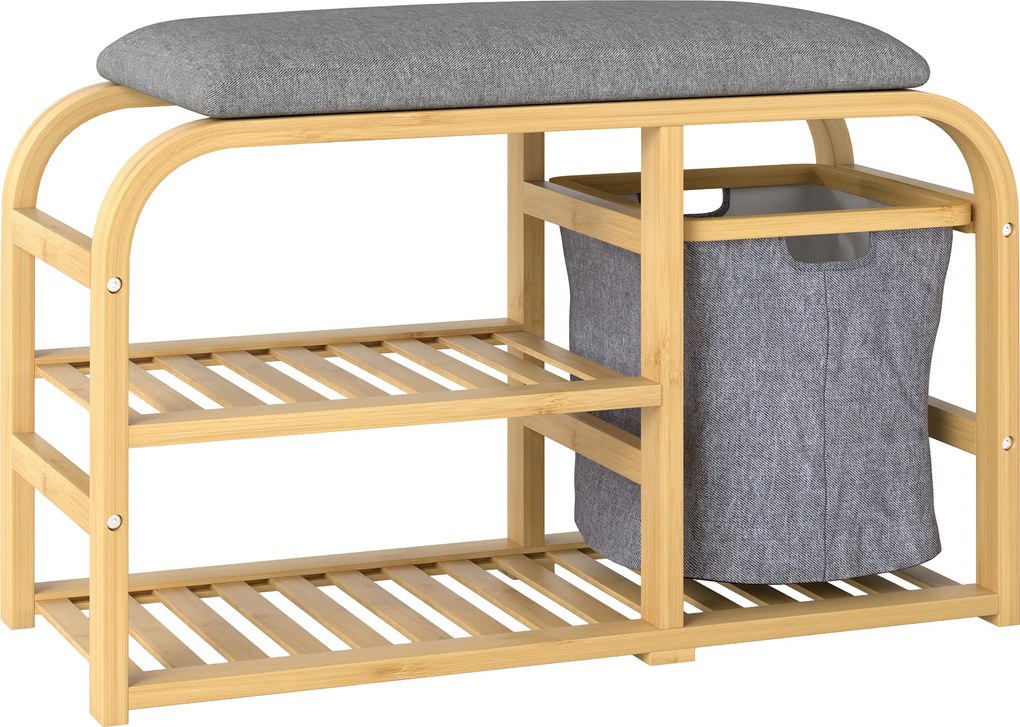 HOMCOM Banco para sapatos com almofada de assento, 2 prateleiras de ripas e cesto de tecido deslizante, 70x30x45cm, madeira natural | Aosom Portugal
